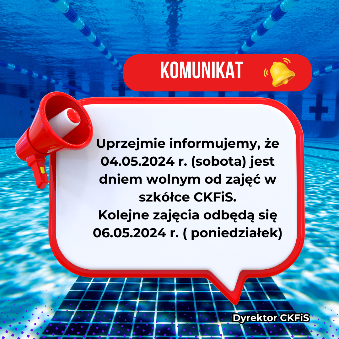 informacja na niebieskim tle w czerwonej ramce dotycząca dowołania zajęć pływackich 